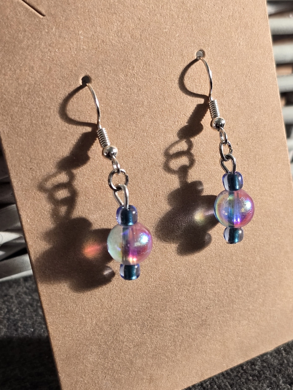 Iridescent Rainbow Glass Bead Dangle Earrings Handmade NWT - Picture 3 of 5